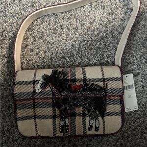 Anthropologie Beige Plaid Shoulder Bag with Horse Design beaded bag